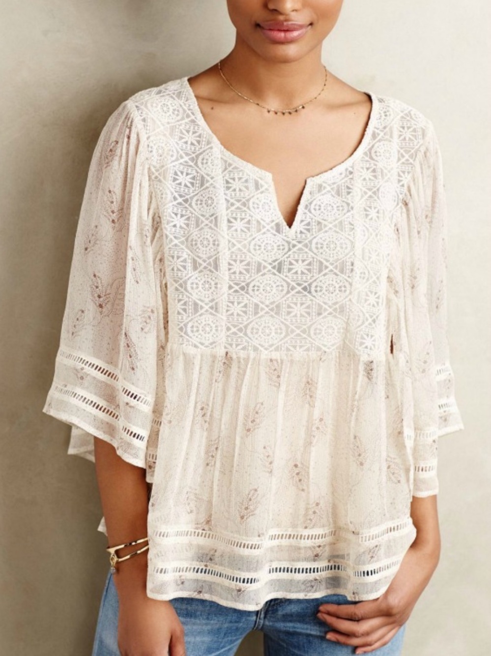 Anthropologie Meadow Rue Aeris Silk Peasant Prairie Blouse Cream